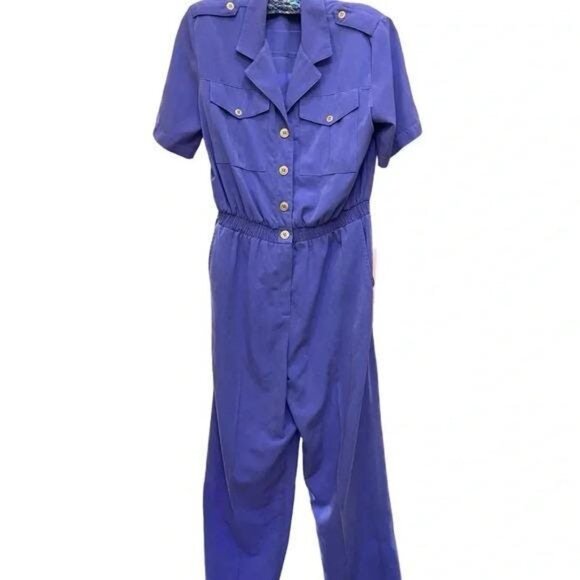Vintage 70s–80s Saint Germain Paris Periwinkle Short-Sleeve Jumpsuit – Retro Dis - Picture 2 of 10